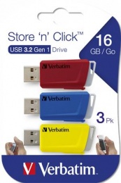 Pendrive, 3 x 16GB, USB 3.2, 80/25MB/sec, VERBATIM "Store n Click", piros, kék, sárga